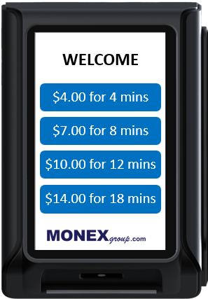 Bay card terminal welcome screen with packages: $4 for 4 mins, $7 for 8 mins, $10 for 12 mins, and $14 for 18 mins.